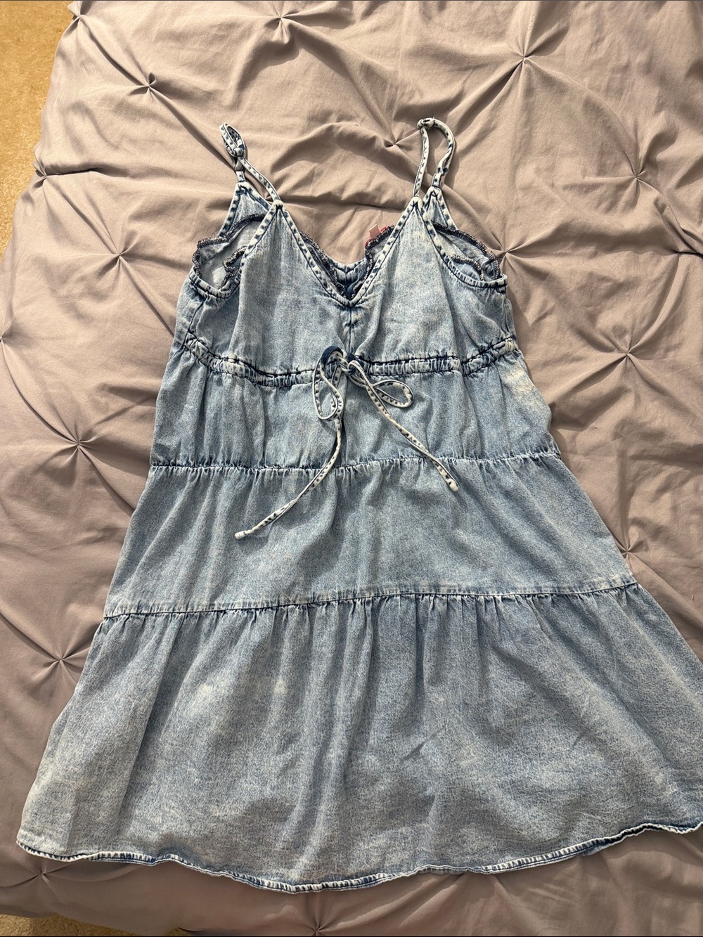 Pink Lily Light Blue Denim Tiered Midi Dress with Tie Front